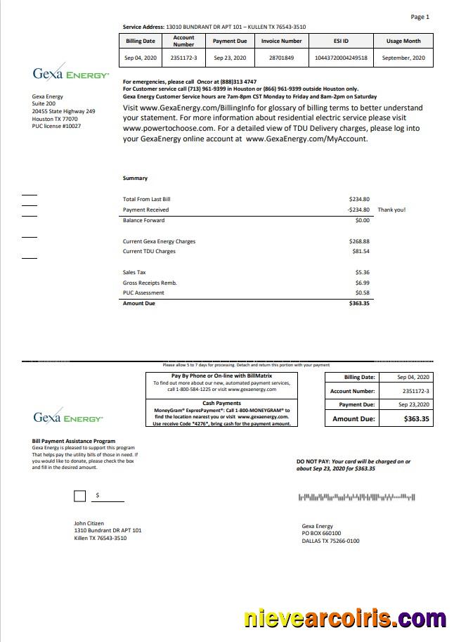 USA Texas Gexa Energy utility bill